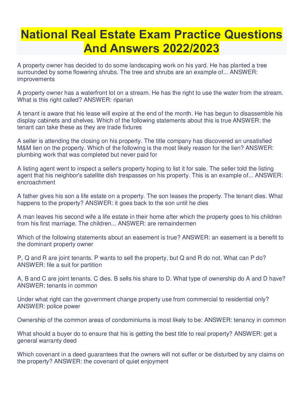 Preview image for National Real Estate Exam Practice Questions And Answers 2022/2023